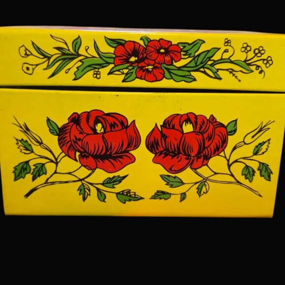 1970s Tin Recipe Box Retro Floral Design yellow red botanical vintage storage - Picture 5 of 9